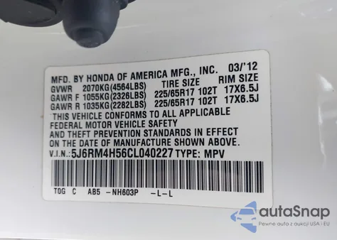 2012 Honda Cr-V Ex from USA, damaged, VIN 5J6RM4H56CL040227